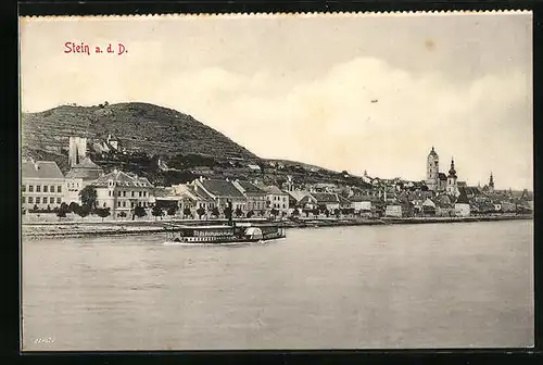 AK Stein /Donau, Flusspartie mit Dampfer und Panorama