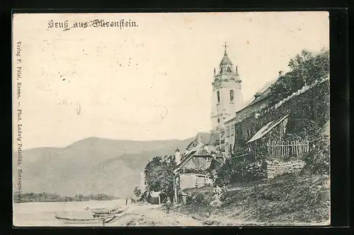 AK Dürenstein, Uferpartie mit Blick zum Kirchturm