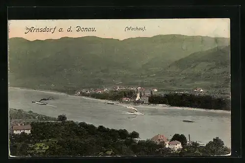 AK Arnsdorf /Donau, Ortsansicht mit Donaupartie aus der Vogelschau, Dampfer
