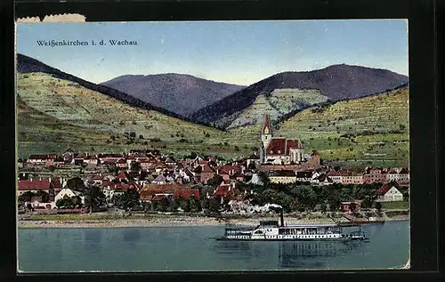 AK Weissenkirchen /Wachau, Totalansicht mit Dampfer