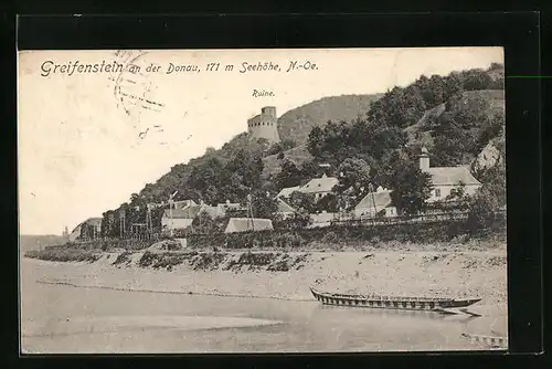 AK Greifenstein /Donau, Uferpartie mit Blick gegen Ruine