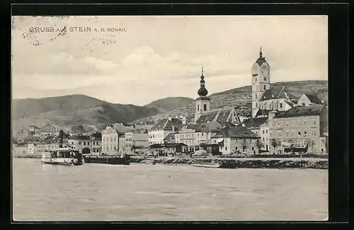 AK Stein /Donau, Blick vom Fluss auf den Ort