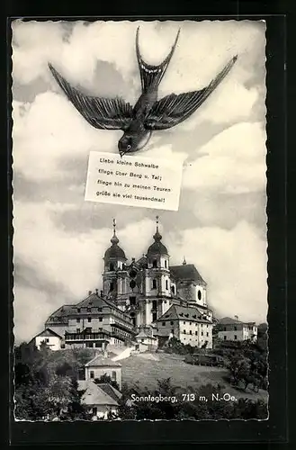 AK Sonntagberg, Schwalbe mit Nachricht über der Kirche