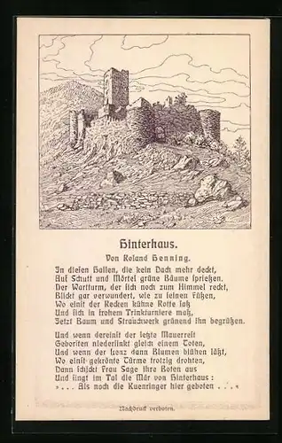 Künstler-AK Hinterhaus, Burgruine, Gedicht von Roland Henning