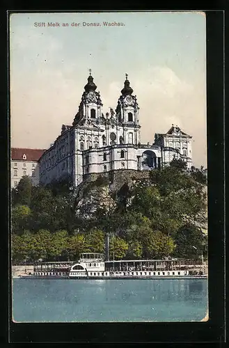 AK Melk /Donau, Stift und vorbeiziehender Dampfer