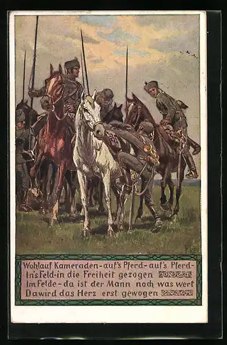 Künstler-AK Paul Hey: Verein für das Deutschtum im Ausland, Nr. 12, Wohlauf Kameraden, aufs Pferd...