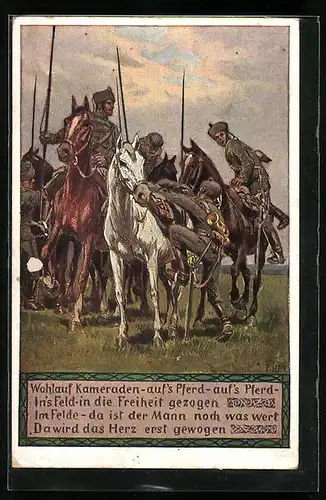 Künstler-AK Paul Hey: Verein für das Deutschtum im Ausland, Nr. 12, Wohlauf, Kameraden, aufs Pferd...