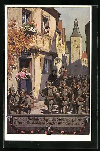 Künstler-AK Paul Hey: Verein für das Deutschtum im Ausland, Nr. 2, Wenn die Soldaten durch die Stadt marschieren...