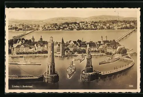 AK Lindau i. Bodensee, Ortsansicht mit Hafen aus der Vogelschau
