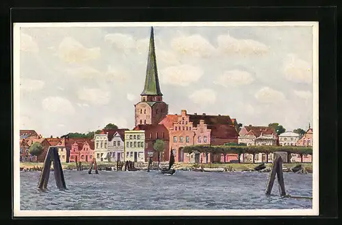 Künstler-AK Travemünde, Die Stadt vom Wasser aus