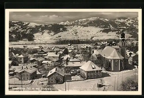 AK Sonthofen, Ortspartie im Winter mit Kirche, Stuiben