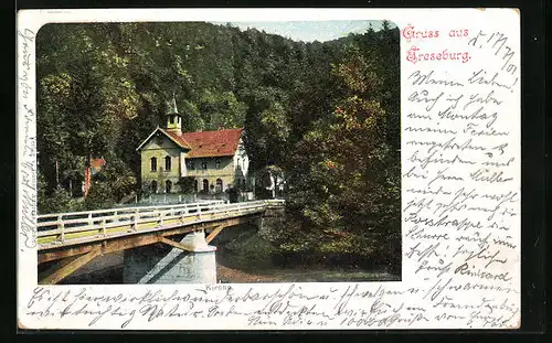 AK Treseburg, Partie mit Kirche und Brücke
