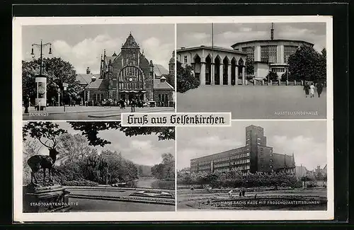 AK Gelsenkirchen, Bahnhof, Hans Sachs Haus mit Froschquartettbrunnen, Ausstellungshalle