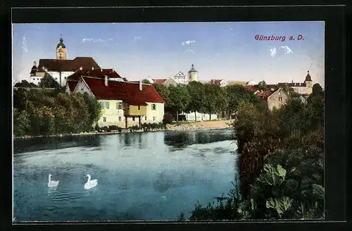 AK Günzburg a. D., Flusspartie mit Blick auf die Dächer