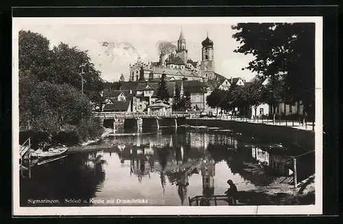 AK Sigmaringen, Schloss und Kirche mit Donaubrücke