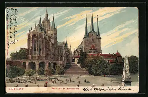Präge-AK Erfurt, Dom und St. Severikirche mit Passanten