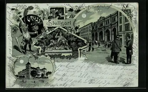 Mondschein-Lithographie Stuttgart, Bahnhof, Eberhard-Gruppe, Altes Schloss