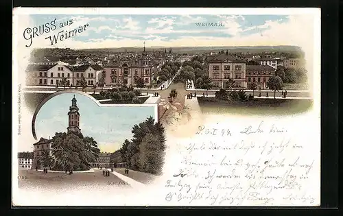 Lithographie Weimar, Ortsansicht mit Schloss