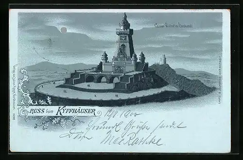 Mondschein-Lithographie Kyffhäuser, Kaiser Wilhelm-Denkmal mit Hügeln