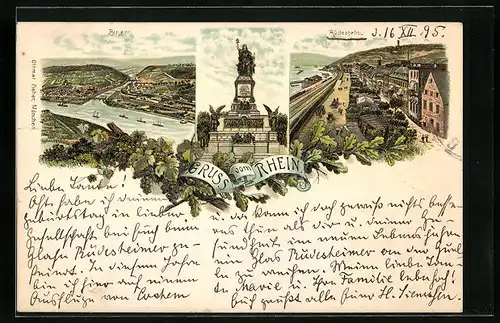 Vorläufer-Lithographie Rüdesheim, 1895, Ortsansicht mit Niederwalddenkmal