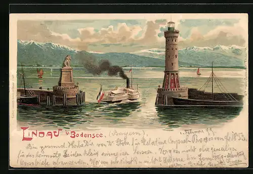 Lithographie Lindau /Bodensee, Hafeneinfahrt mit Dampfschiff und Segelbooten