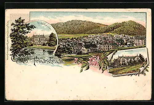 Lithographie Friedrichroda, Ortsansicht mit Reinhardsbrunnen und Kurhaus