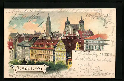 Lithographie Augsburg, Ortsansicht mit Kirche