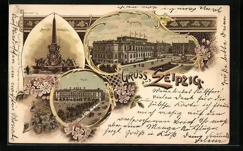 Lithographie Leipzig, Museum, Post und Mende-Brunnen