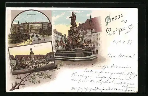 Lithographie Leipzig, Sieges-Denkmal, Reichsbank und Rathaus