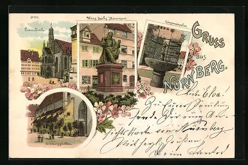 Lithographie Nürnberg, Bratwurstglöcklein, Gänsemännchen, Frauenkirche