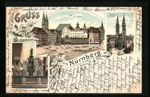 Lithographie Nürnberg, Marktplatz, Sebaldus-Kirche, Jugendbrunnen