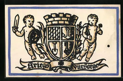 Künstler-AK Ludwigshafen /Rhein, Wappen der Kriegsfürsorge mit bewaffneten Engelsgestalten