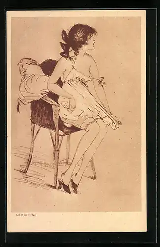 Künstler-AK Max Brüning: Spärlich bekleidete Schönheit mit überraschtem Gesichtsausdruck