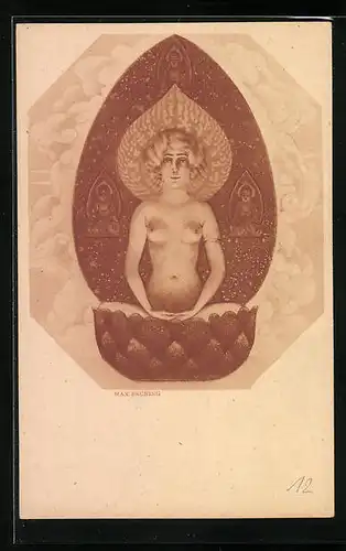 Künstler-AK Max Brüning: Erleuchtung, Nackte Schönheit in buddhistischer Gebetshaltung