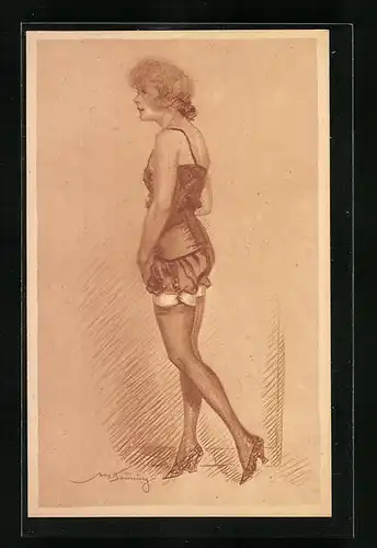 Künstler-AK Max Brüning: Dame in Morgendress, Schönheit in sündhafter Reizwäsche