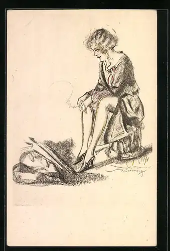 Künstler-AK Max Brüning: Hübsche Dame im Morgenmantel in Gedanken