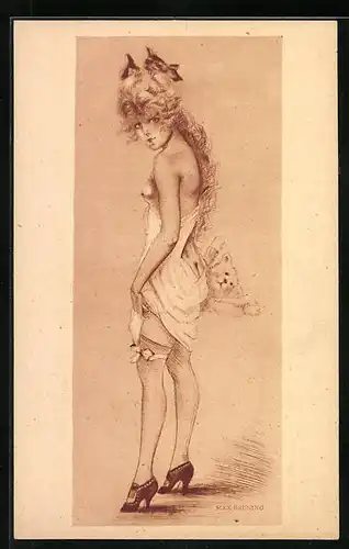 Künstler-AK Max Brüning: Mädchen mit kaum verhüllten Reizen und Teddybär