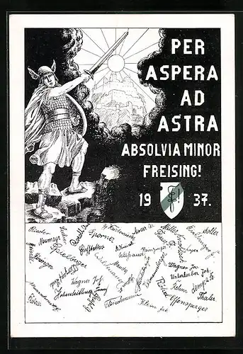 Künstler-AK Freising, Absolvia Minor 1937, Germanenkrieger strebt zu den Sternen