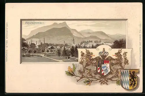 Passepartout-Lithographie Reichenhall, Ortspartie, Wappen