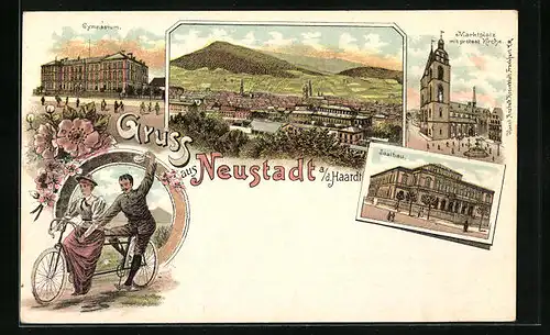 Lithographie Neustadt a. d. Haardt, Marktplatz mit protestantischer Kirche, Saalbau, Gymnasium, Paar auf Tandem