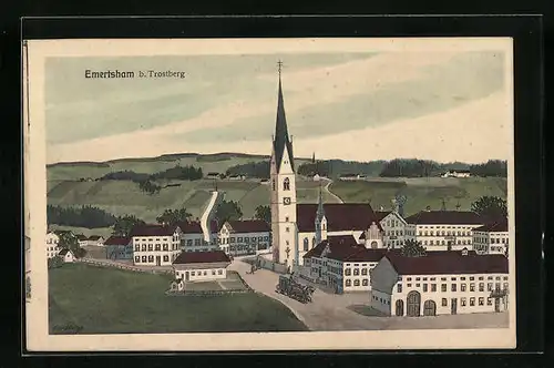 Künstler-AK sign. Hans Pernat: Emertsham b. Trostberg, Strassenpartie mit Kirche