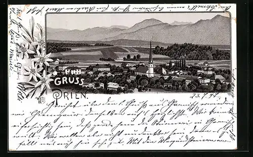 Lithographie Prien, Teilansicht mit Kirche