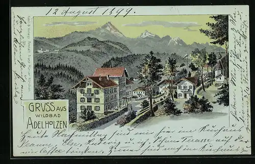 Lithographie Adelholzen, Ortspartie mit Bergen