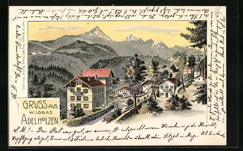 Lithographie Adelholzen, Ortspartie mit Bergen