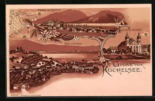 Lithographie Kochel am See, Teilansicht mit Kochelsee, Schlehdorf, Klosterkirche