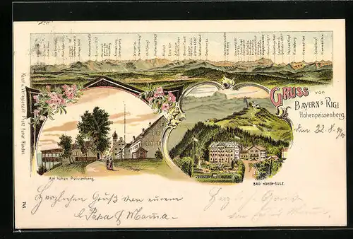 Lithographie Hohenpeissenberg, Bayern`s Rigi, Alpenpanorama mit Bischof, Kuchelberg u. Schellkopf