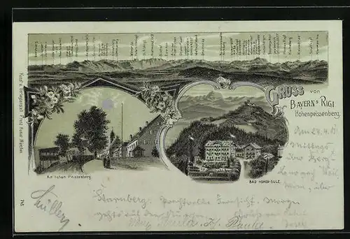 Mondschein-Lithographie Hohenpeissenberg, Bayern`s Rigi, Alpenpanorama mit Bischof u. Kuchelberg