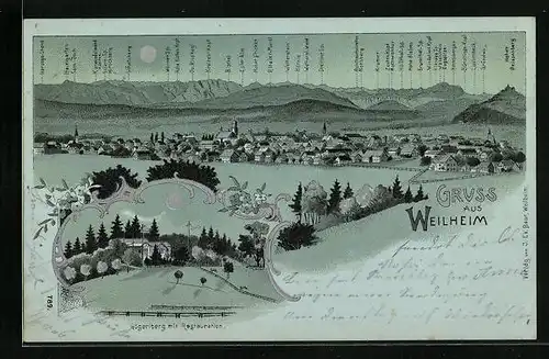 Mondschein-Lithographie Weilheim, Gögerlberg mit Restaurant, Bergpanorama mit Hörnle, Kramer und Bischof