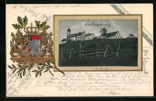 Passepartout-Lithographie Hoh-Peissenberg, Ortspartie, Wappen