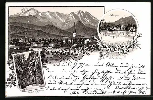 Vorläufer-Lithographie Garmisch, 1895, Teilansicht, Partnach Klamm, Badersee